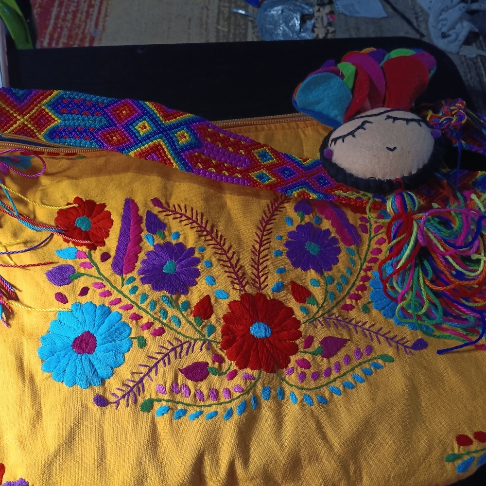 Traditional Embroidered Bag with Tassels. Mexican Morral Bag.